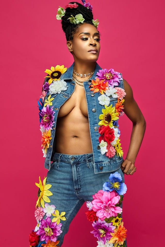 Aubree Bravo — floral denim vest, updo with flowers