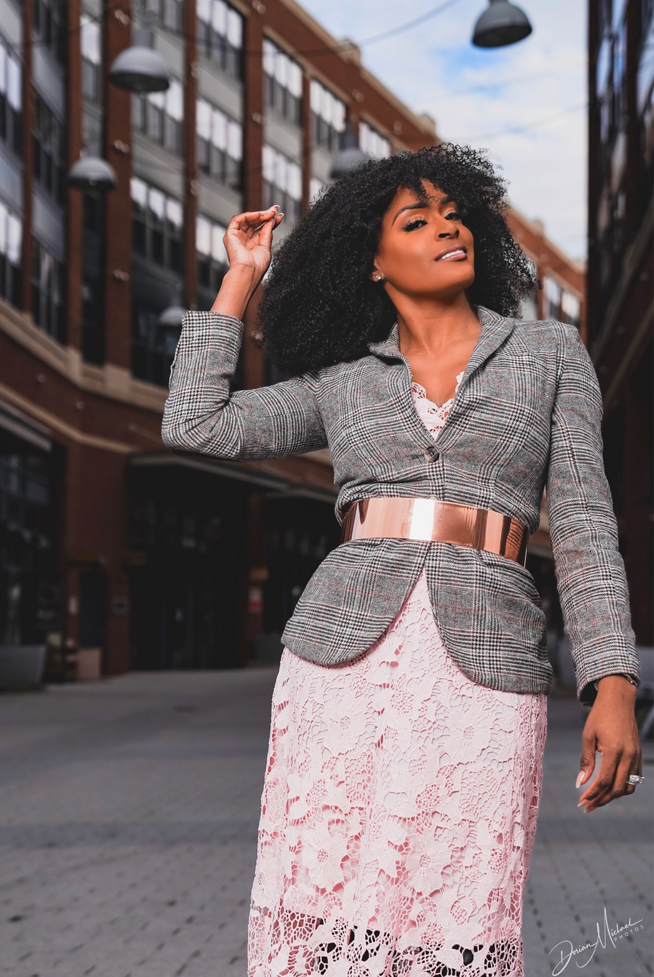 Aubree Bravo — plaid blazer, pink lace skirt, close up