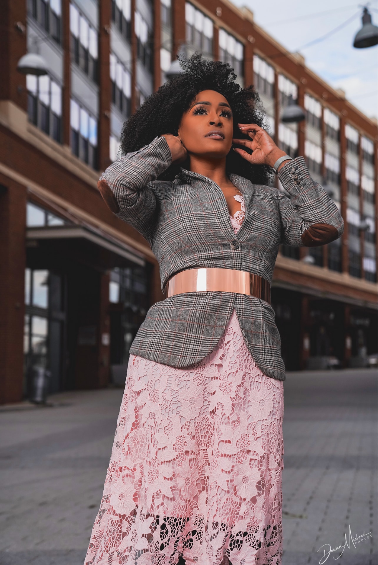 Aubree Bravo — plaid blazer, pink lace skirt, full length